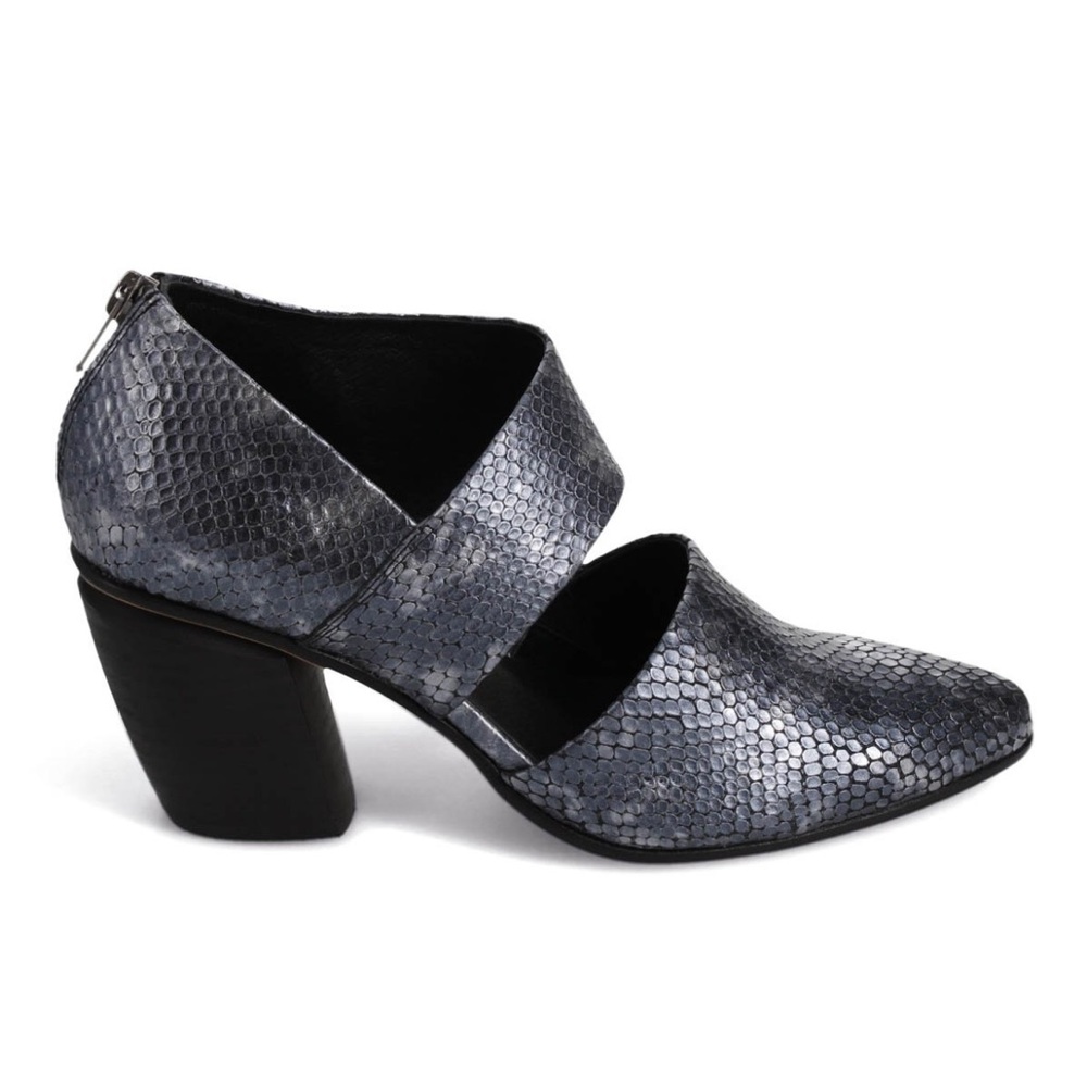 Metallic Grey Textured Cutout Ankle Bootie with Block Heel